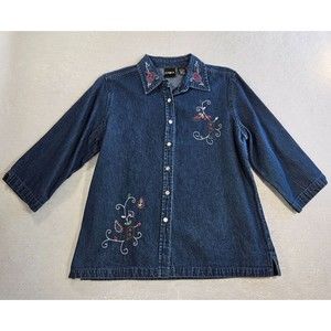 Erika Womens Denim Shirt Size M Blue Embroidered Floral 3/4 Sleeve Boho 90sstyle
